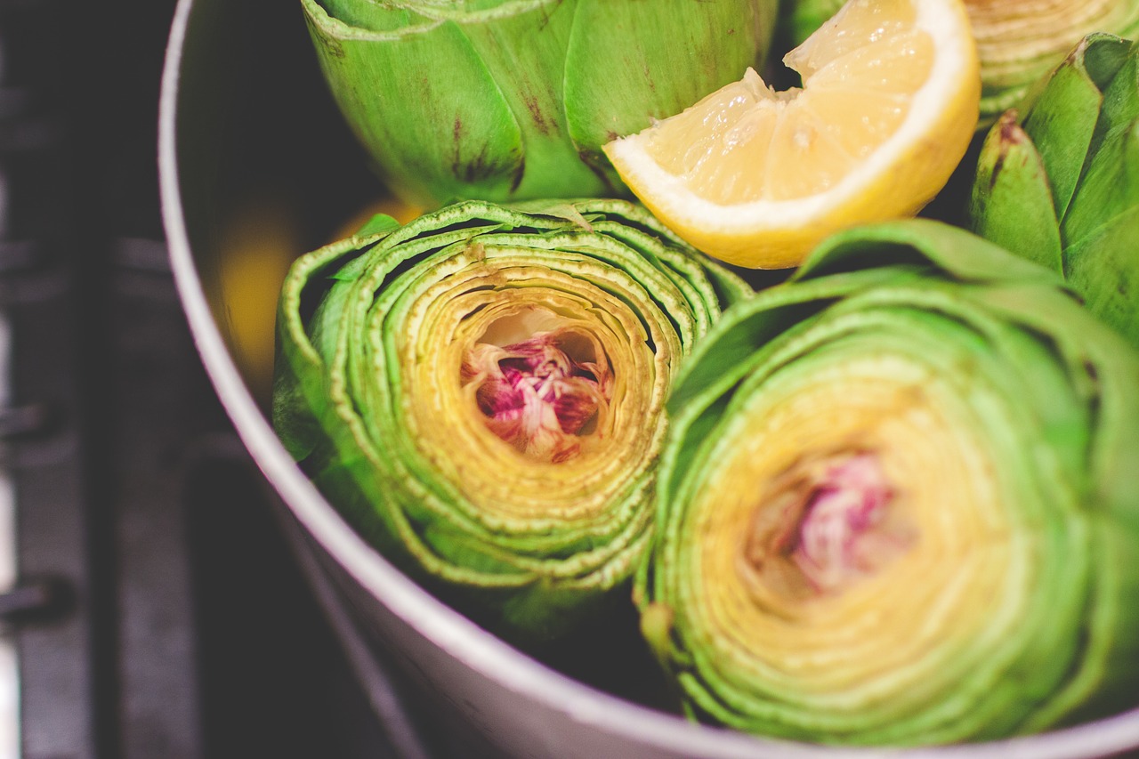 an inside view of a cut open artichoke